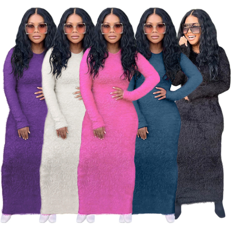 Women's Wholesale Casual Round Neck Long Sleeve Fur Dress Medium Length Dress Women Multi Color