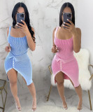 Fashion Women's Pit Stripe One Piece Top Wrapped Skirt Two Piece Set