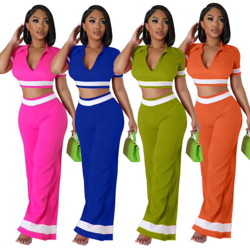 Women's casual suit Summer color contrast lapel wide leg pants Short sleeve open navel two-piece set