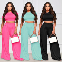 Casual Solid Color Open Umbilical Short Top High Waist Loose Straight Pants 2 Piece Set