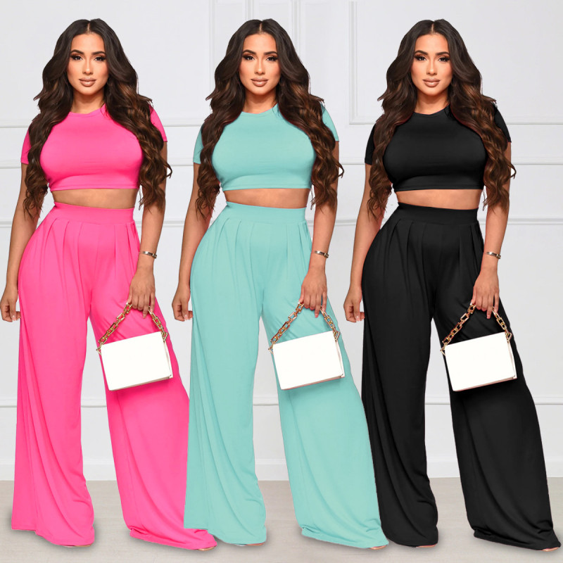 Casual Solid Color Open Umbilical Short Top High Waist Loose Straight Pants 2 Piece Set
