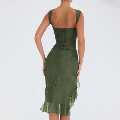 Round Neck Sleeveless Dress Women's Fashion Hot Selling Sexy Tight Back Pleated Midlength Dress