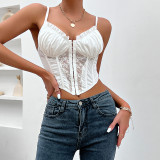 Sexy Premium Lace Pleated Wood Ear Ribbed Fish Bone Tank Top