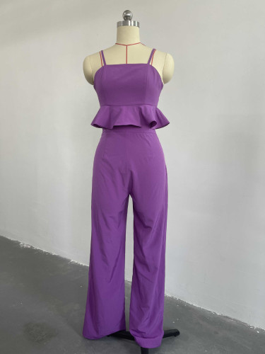 Bra strap with ruffle hem High waist straight pants Fashion casual suit
