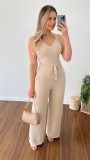 V-neck short vest with lace up high waist patch pocket straight pants casual suit