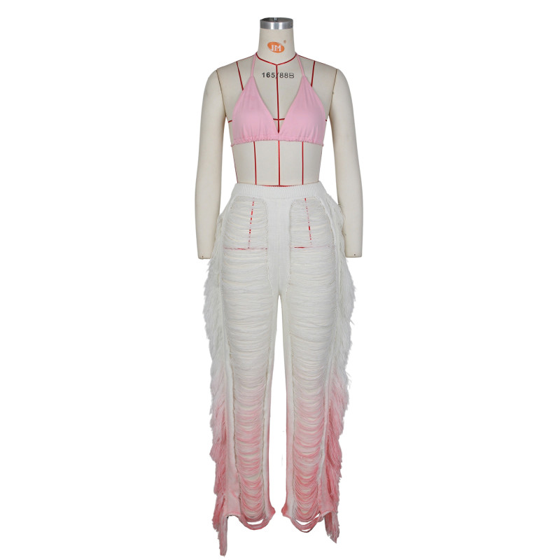 Women's sexy gradient beach fringed knitted pants casual suit
