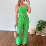 V-neck short vest with lace up high waist patch pocket straight pants casual suit