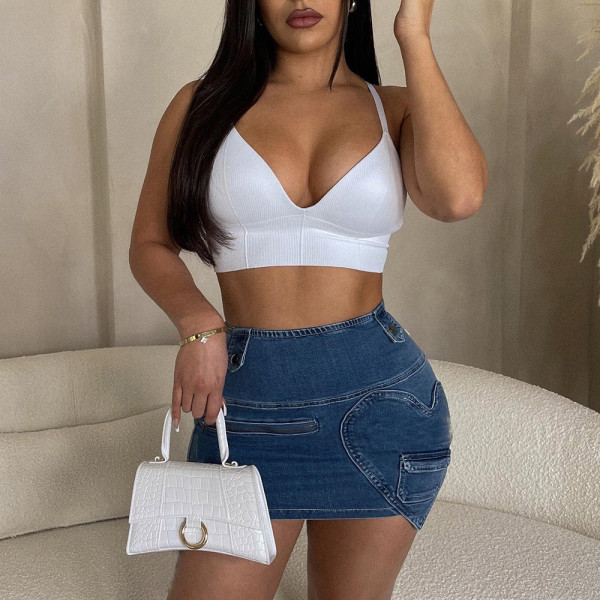 Women's Denim Skirt Summer New Fashion Features Love Zipper Wash Elastic Skirt