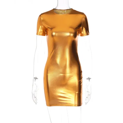 Sexy Bright Reflective PU Leather Slim Fit Wrap Hip Dress