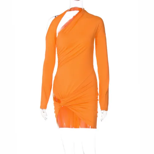 Solid Color One Shoulder Long Sleeve Sexy Pleated Wrapped Hip Dress