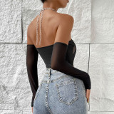Milk Silk Mesh Panel Off Shoulder Chain Neck Hanger Design Feels Small and Slim One Piece