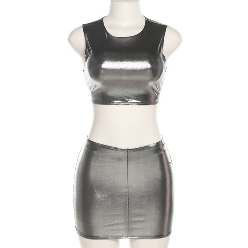Fashion Bright Reflective Sleeveless Short Slim Fit Skirt Set