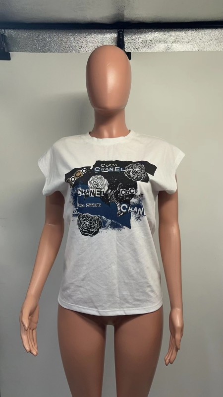 Fashion Brand Women's Round Neck Sleeveless Printed Cotton T-shirt