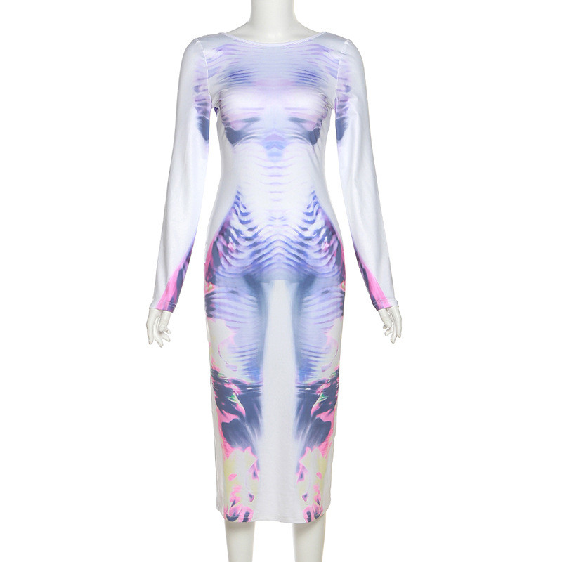 Fashion 3D Body Print Long Sleeve Slim Fit Wrap Hip Dress