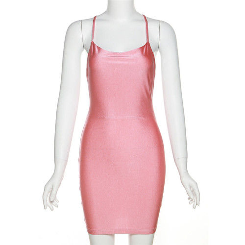 Fashionable bright color suspender V-neck slimming hot girl sexy hip wrap dress