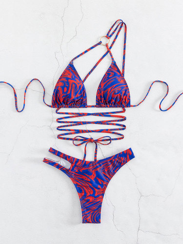 Single-shoulder printed swimsuit split body women's swimsuit lace up high waist bikini