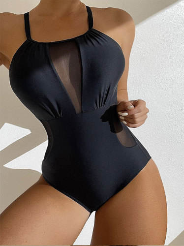 Tight cut out mesh one piece swimsuit Solid color wall hanging beach resort bikini swimsuit