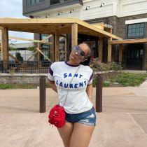 Fashion Brand Women's Thread Spliced Printed Round Neck Cotton Short Sleeve T-Shirt