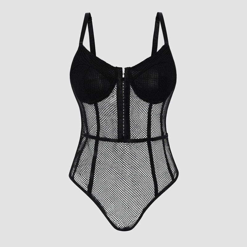 Slim, breathable, beautiful, sexy, lace mesh, perforated, and perspective one-piece garment
