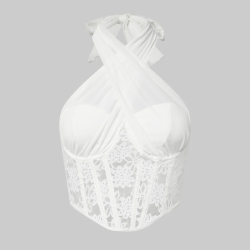 Lace Mesh Cross Neck Top Diamond Fish Bone Tank Top