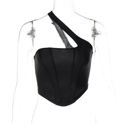 Women's Solid Color One Shoulder Tank Top Fashion Fishbone Slim Fit Wrap Chest