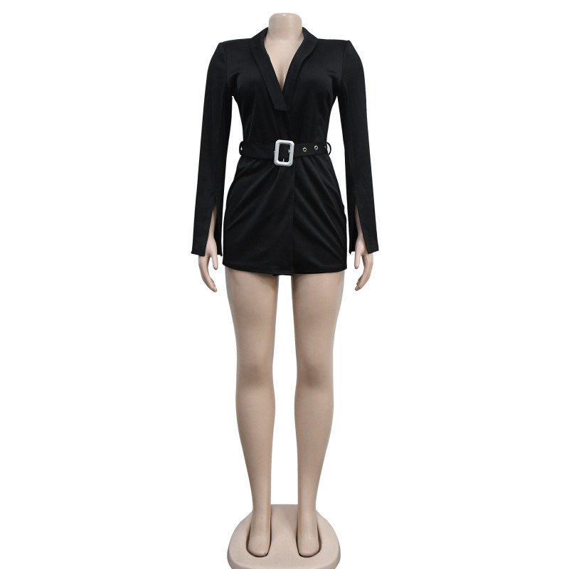 Fashion Women's Solid Color Belt V-Neck Long Sleeve Shorts Jumpsuit X6325