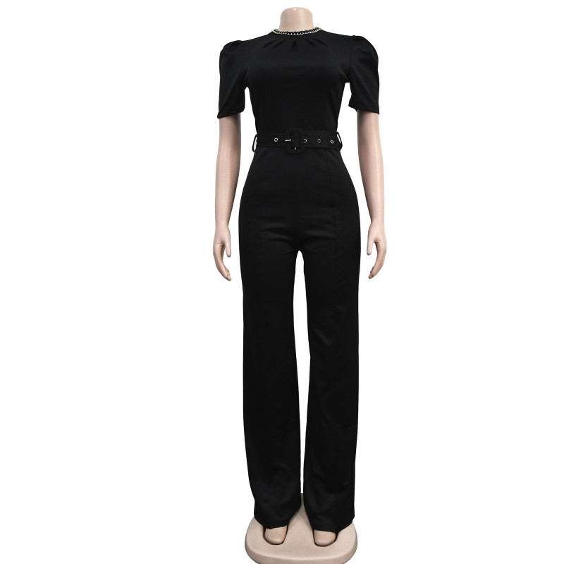 Fashion Women's Solid Color Belt Chain Short Sleeve Pants Jumpsuit X6322