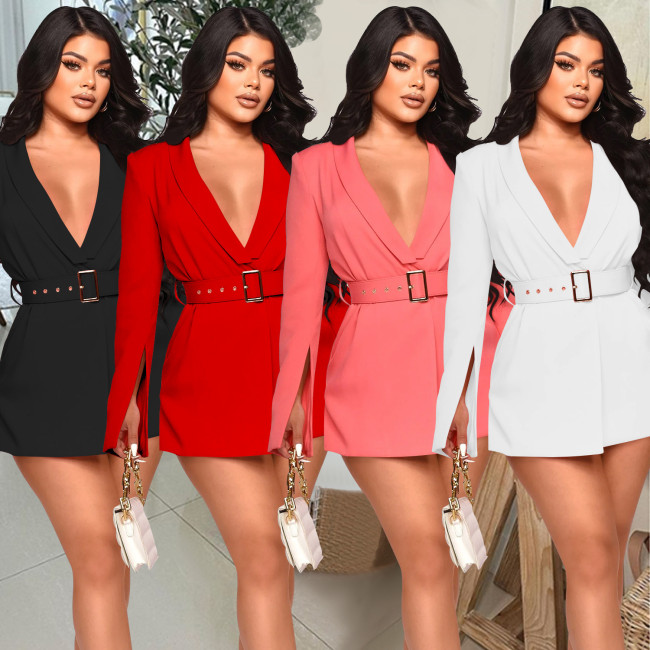 Fashion Women's Solid Color Belt V-Neck Long Sleeve Shorts Jumpsuit X6325