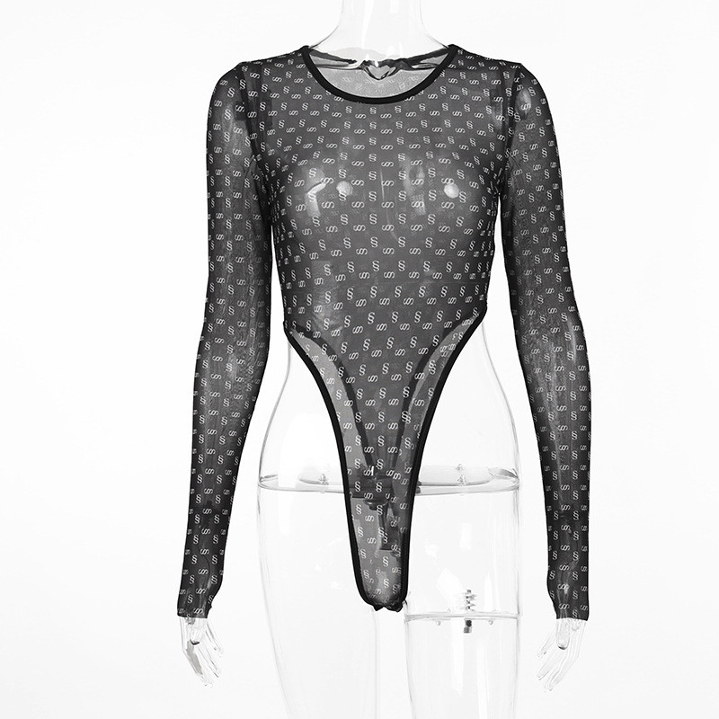 Round neck logo print perspective long-sleeved Spicy Girl Bodysuit Sexy Tight Fashion Top