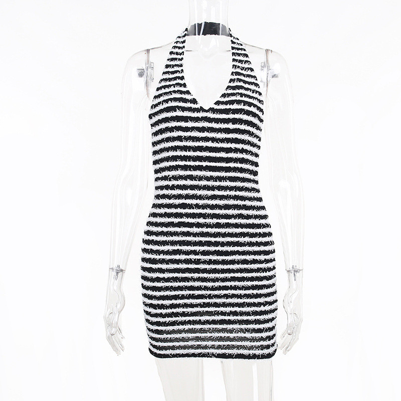 Black and white striped sexy backless halter dress