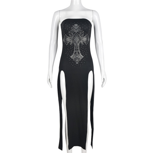 Hot Diamond Cross Split Off Line Neck Sexy Dress