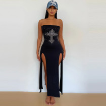 Hot Diamond Cross Split Off Line Neck Sexy Dress