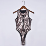 Tight sexy cut-out U-neck strapping metallic jumpsuit