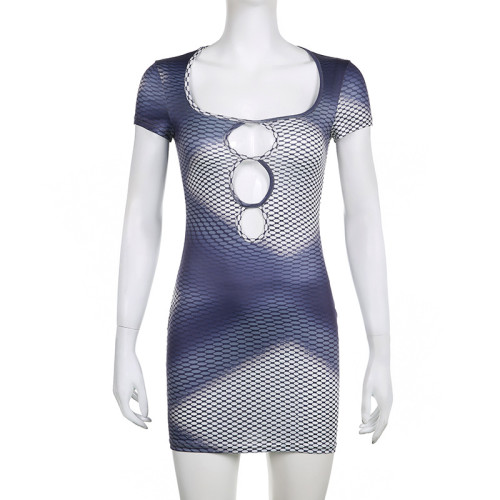 Women's Spicy Girls Irregular Print Contrast Cut Out Sexy Square Neck Tight Wrap Hip Dress