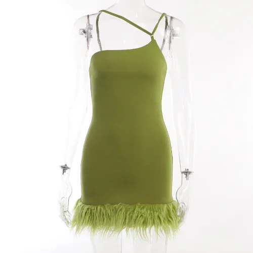 Temperament, Sexy, Slim Fit, Chest Wrap, Hip Wrap Short Skirt, Fur Swing, Oblique Shoulder Design, Strap Dress