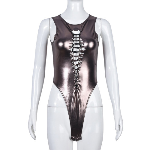 Tight sexy cut-out U-neck strapping metallic jumpsuit