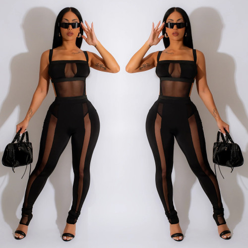 Women's solid color mesh sleeveless long pants with suspender jumpsuit