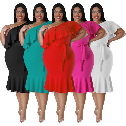 Large Women's Fashion Slim Fit Casual Ruffle Edge Bust Midlength Dress