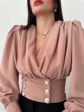 Shirt Women's V-neck Sexy Long Sleeve Short Waist Wrapped Bubble Sleeve Solid Pleated Shirt