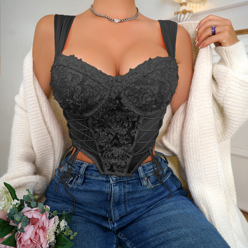 Women's V-neck small mesh steel ring drawcord three-dimensional embroidered wide shoulder vest