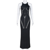Hollow out round neck hot pressed diamond sleeveless sexy long dress