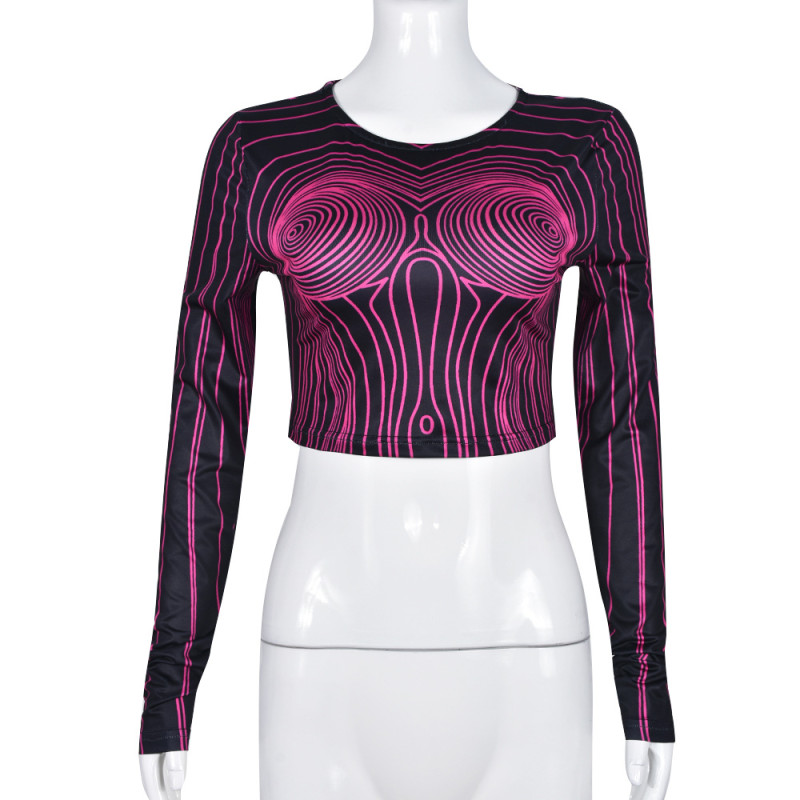 Hollow out digital ripple exposed navel long sleeved top T-shirt