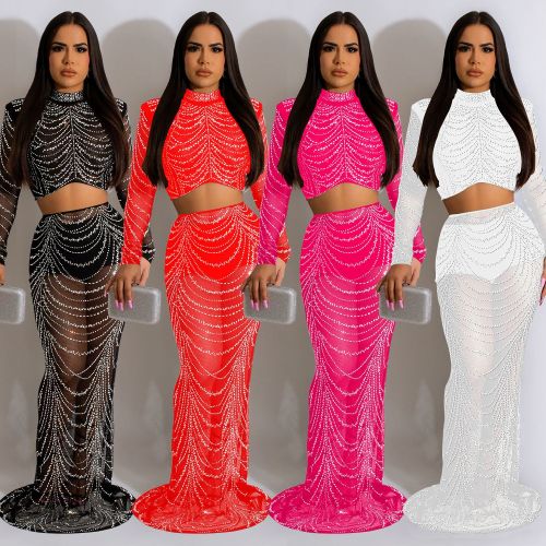 Women's solid color mesh hot diamond long sleeved skirt two-piece set