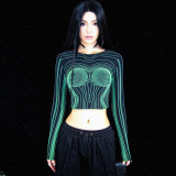 Hollow out digital ripple exposed navel long sleeved top T-shirt