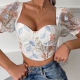 Sexy lace bubble sleeve perspective French high-end design short top