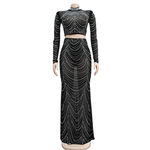 Women's solid color mesh hot diamond long sleeved skirt two-piece set