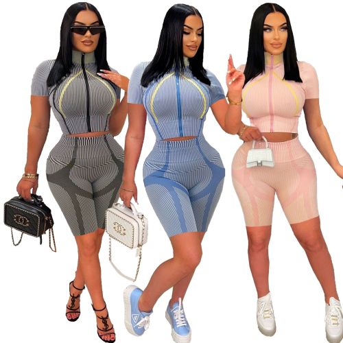 Women's high elastic knitting stripe positioning printing two-piece sports suit