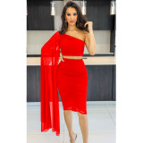 Fashionable women's solid color sleeveless shoulder drape short skirt two-piece set