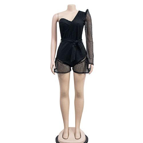 Women's solid color lace up diagonal shoulder long sleeved shorts jumpsuit