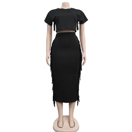 Women's solid color fringed round neck short sleeve long skirt two-piece set